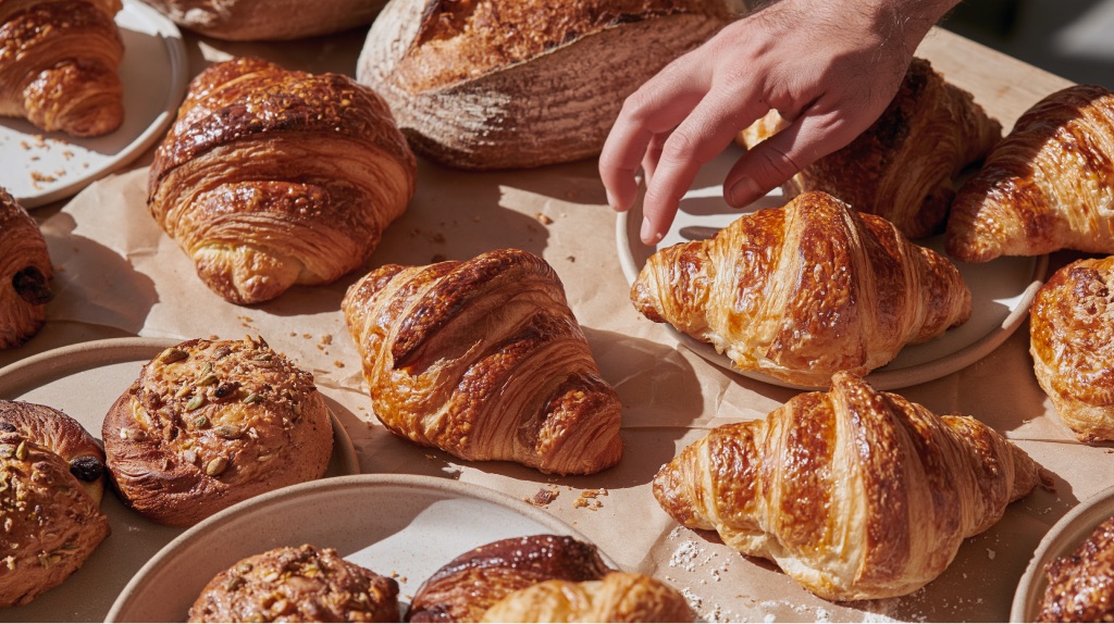 Freshly baked croissants and pastries on a table